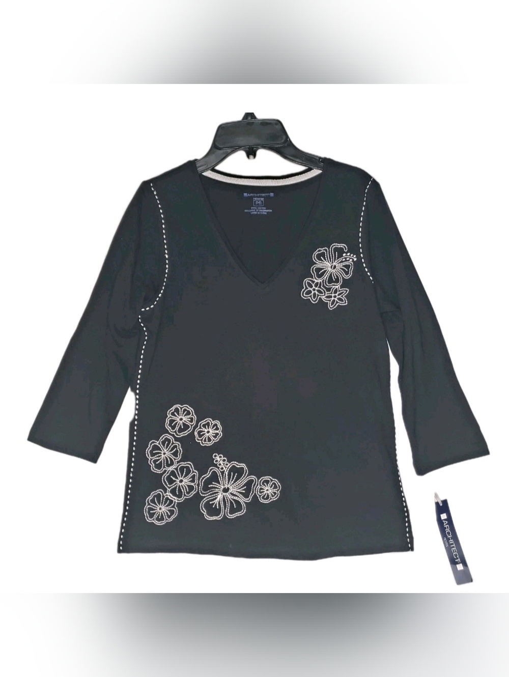 NWT Architect Black Long Sleeve Blouse Shirt Women Petite S Floral Embroidered